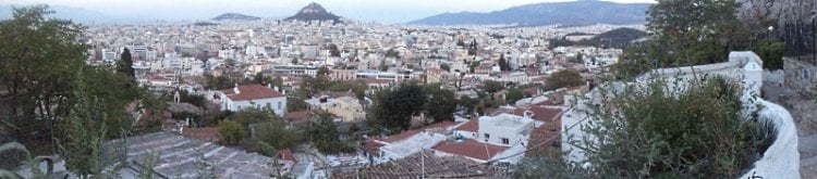 The view from Anafiotika to central Athens with Mt Lycabettus in the middle.
